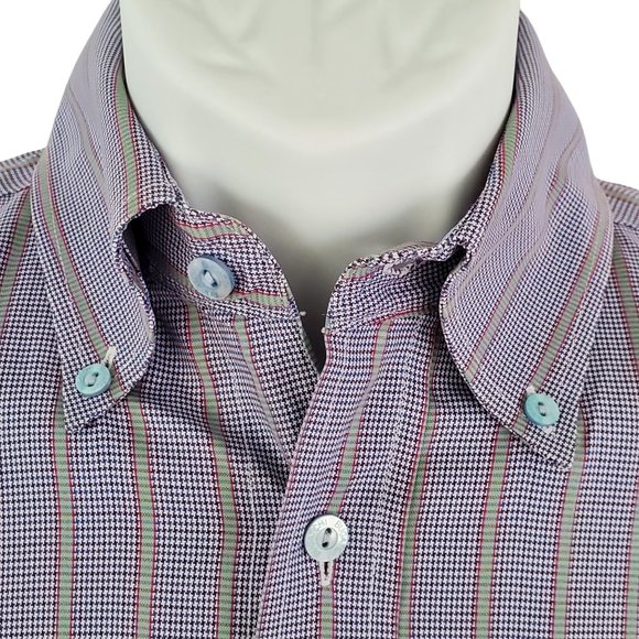 Bugatchi Shirt Men's M Blue Striped Houndstooth Button Pocket Drop Tail Cotton - Picture 8 of 15